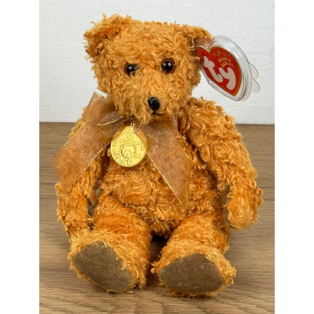 Ty Beanie Babies Teddy Bear 100th Anniversary Brown Gold Medallion Plush 8.5in